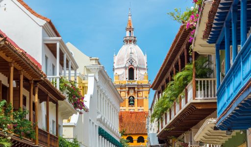 View of balconies leading to the stunning cathedral in Cartagena, Colombia