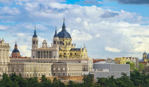 Madrid, Spain. Santa Maria la Real de La Almudena Cathedral and the Royal Palace.