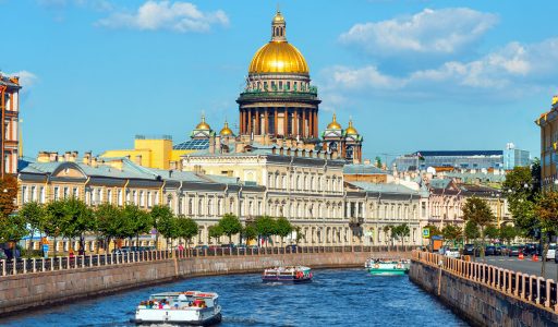 St Isaac's Cathedral across Moyka river, St Petersburg, Russia